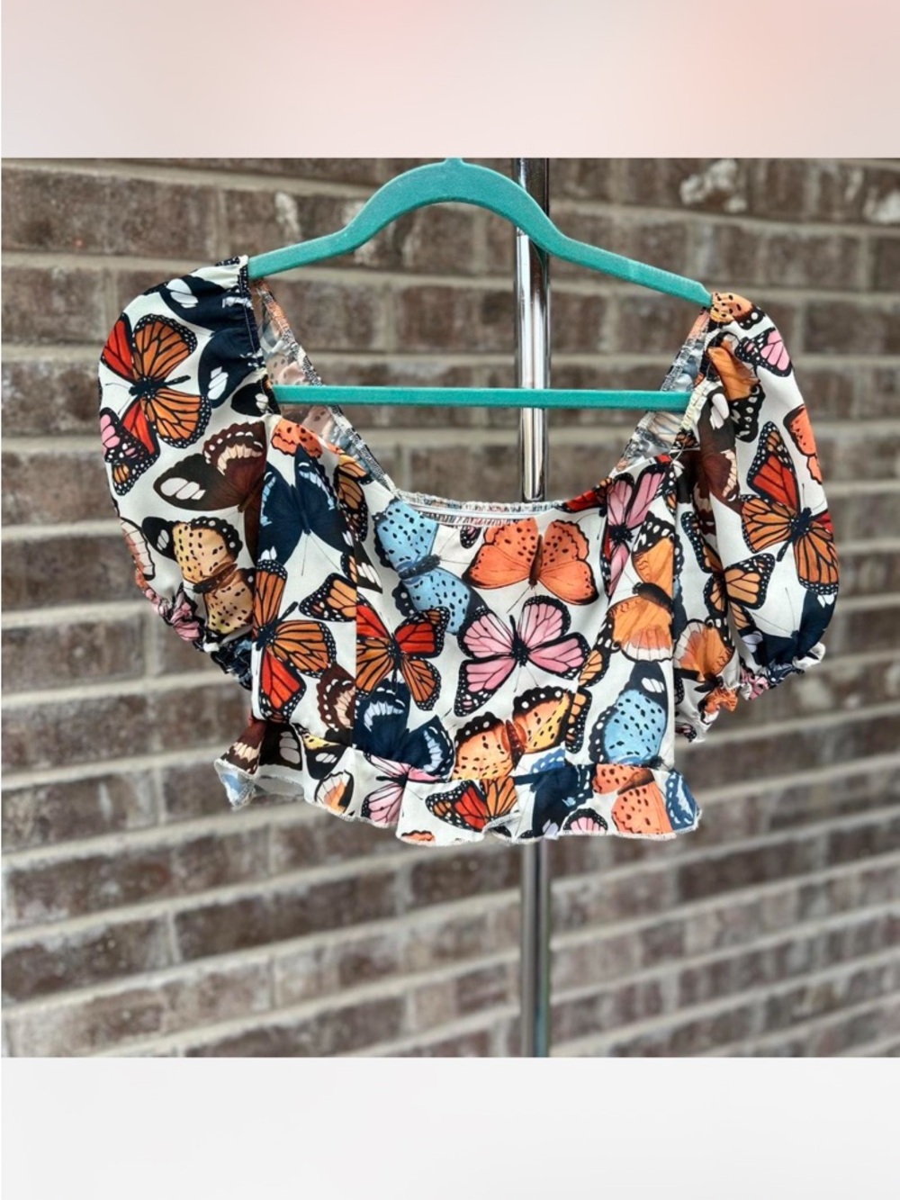 Butterfly Print Puff Sleeve Crop Top - White/Orange